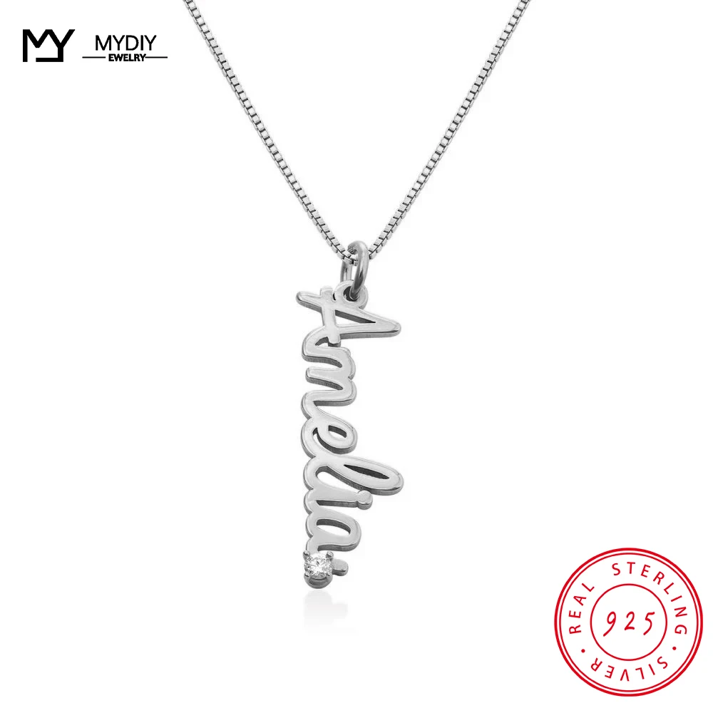 

MYDIY 925 Sterling Silver Shiny Full Zircon Personalized Vertical Cursive Nameplate Necklaces Pendants Customize Name Necklaces