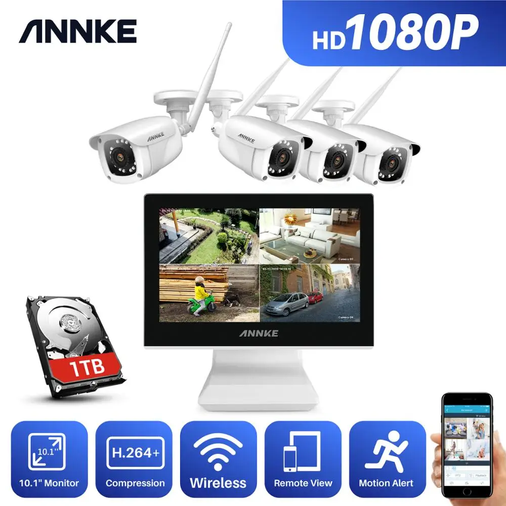 Беспроводная система видеонаблюдения ANNKE 4CH FHD 1080P NVR с 10 1-дюймовым ЖК-монитором 4