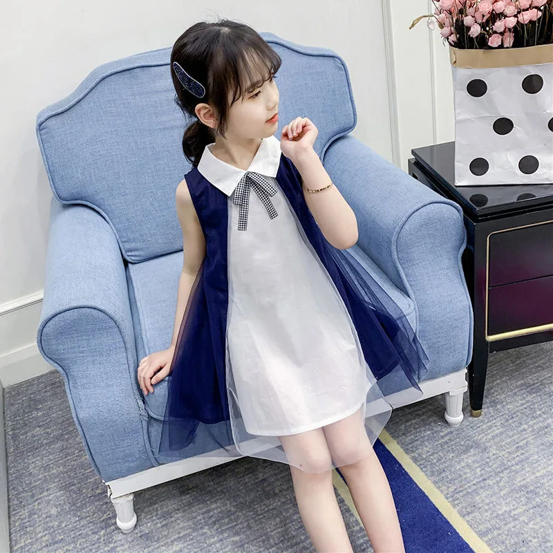 

3-14Y Girls Summer Sleeveless New Dress Elegant Flower Girls Dress Wedding Party Princess Dress Fashion Bow Leisure Mesh Skirt