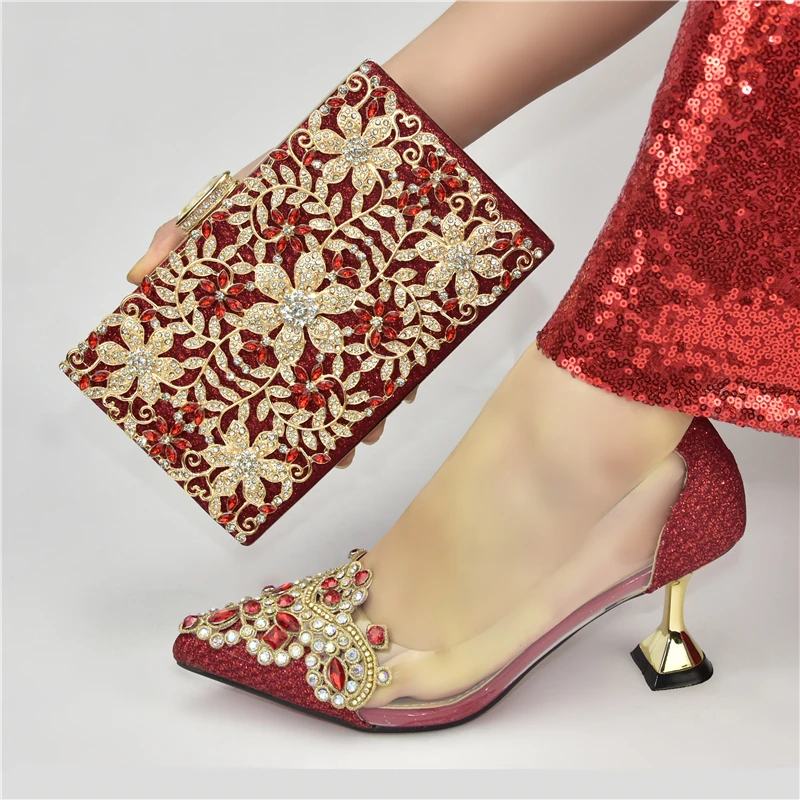 

Italian Design Hot Selling Red Color Special Butterfly-Kont Decoration Style High Heels Ladies Shoes and Bag Set for Party