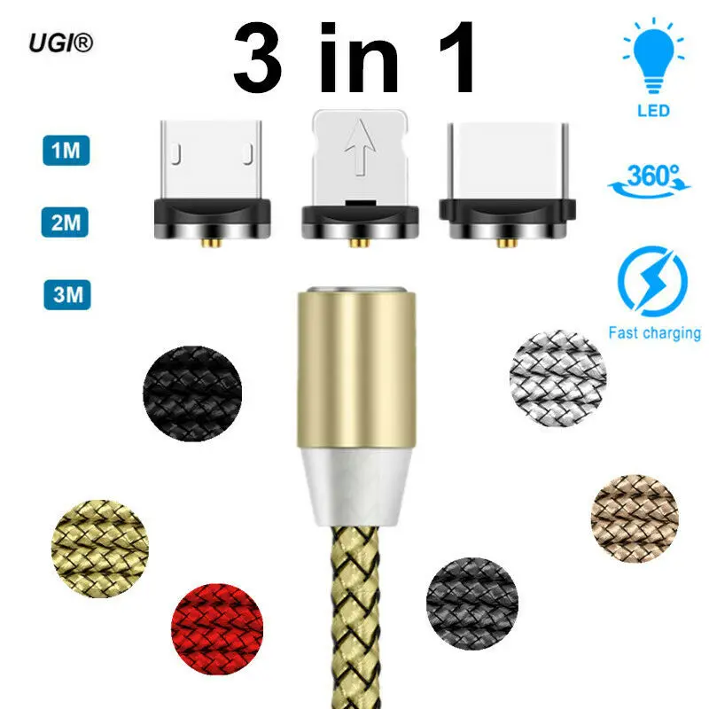 Вращающийся на 360 ° Магнитный Плетеный светодиодный кабель Type C Micro USB iOS для