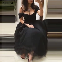 booma simple black short prom dresses off the shoulder pleated tulle prom gowns tea length a line formal party dresses