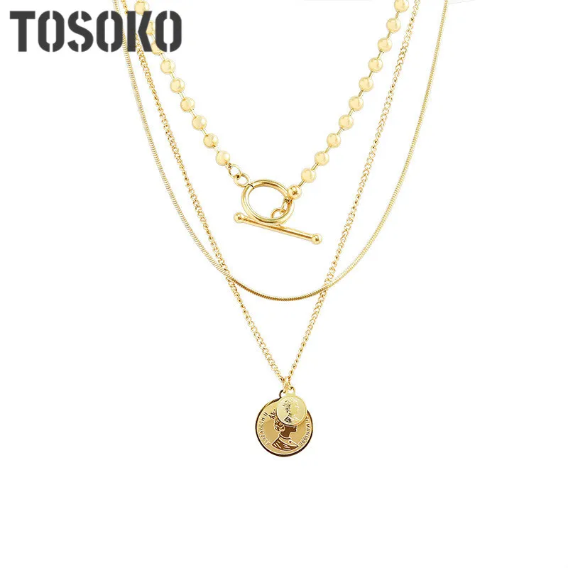 

TOSOKO Stainless Steel Jewelry Double Round Queen's Portrait OT Multi Layered Necklace Fashion Female Clavicle Chain BSP747