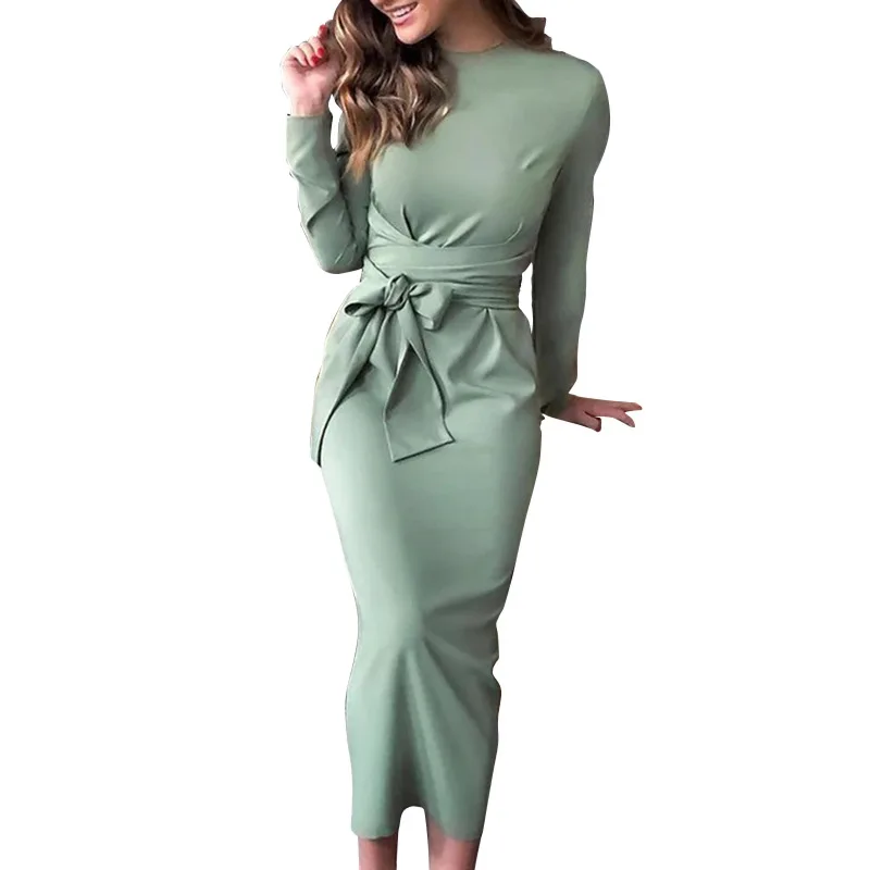 

IZEVUS Spring Pure Color with Sash Retro Dresses Sashes Party Dress Long Sleeve O neck Solid Sheath Elegant Dress robe femme