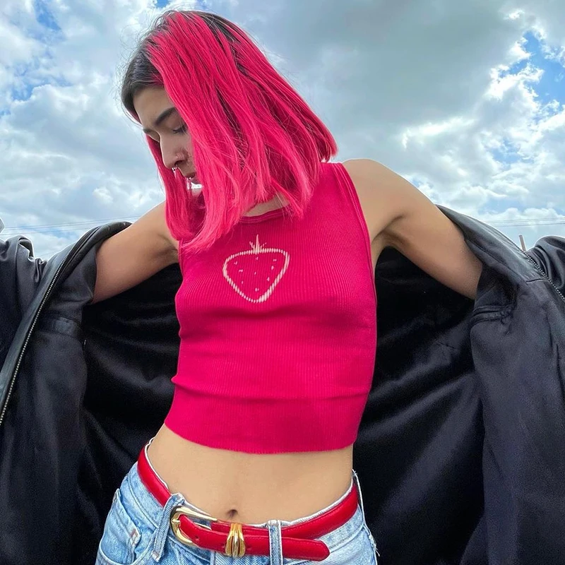 

Strawberry Print Ribbed Y2k Crop Tank Top For Girl Summer Clothes Women Sleeveless 2021Casual Shirt Vest Pullover Tee Corset