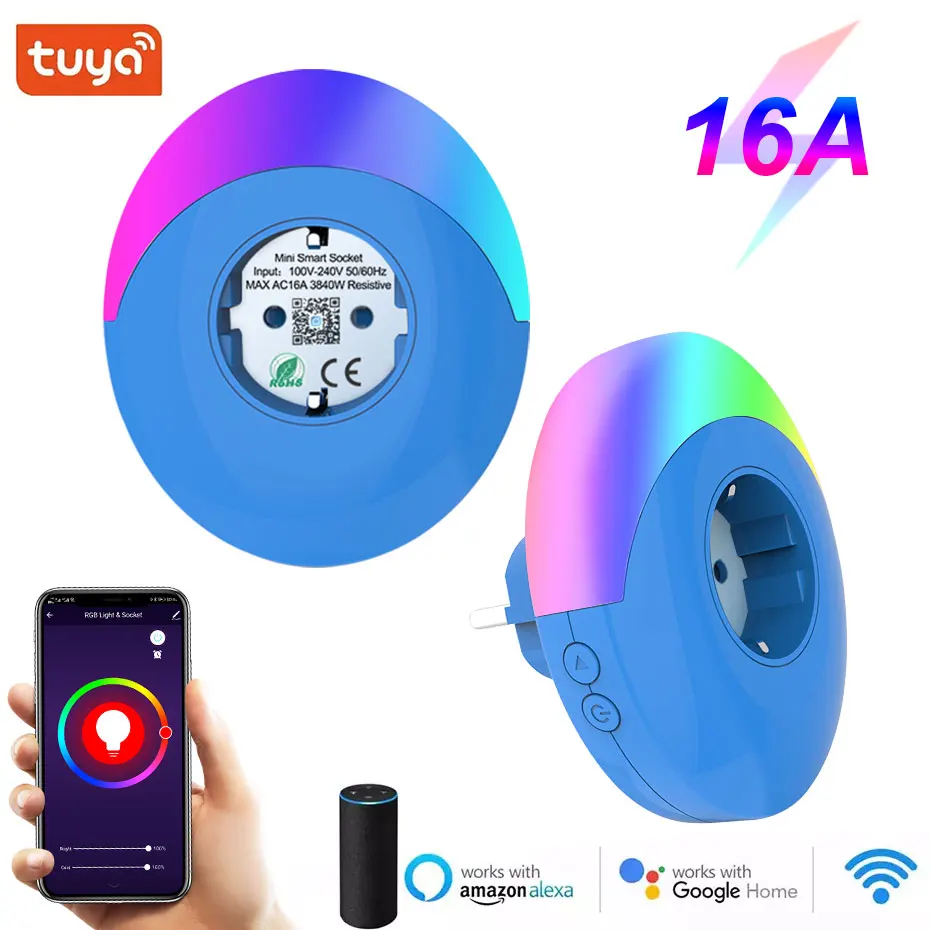 

Tuya Wall Plug Socket Electrical Wifi Smart Outlets EU Power Adapter With Dimmable Led Night Light Wireless Remote Voice Control