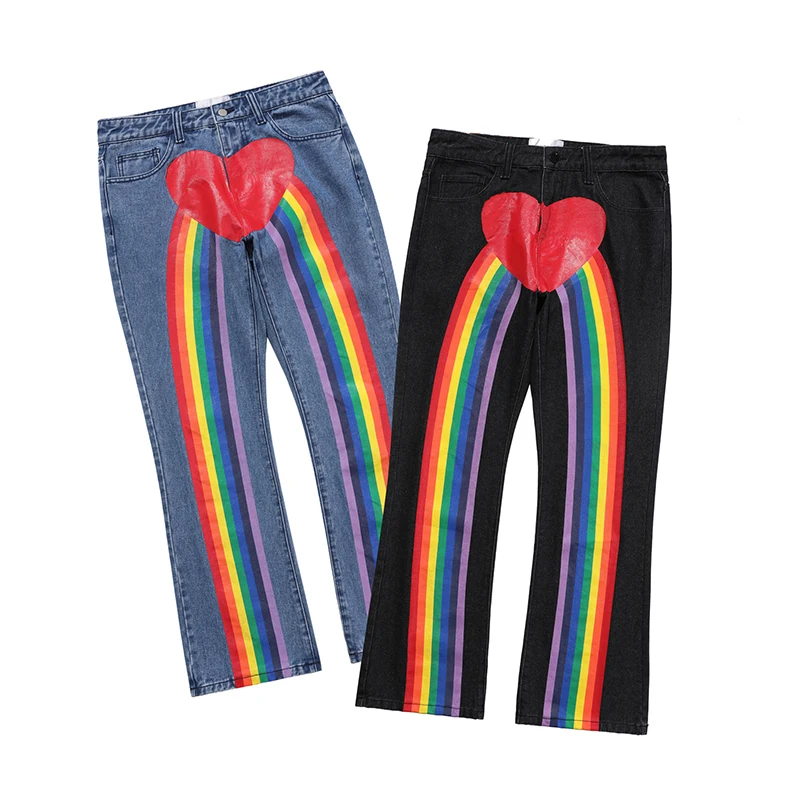 

Hip Hop Baggy Jeans for Men Loose Street Trousers Love Rainbow Element Printed Hip Hop Urban Streetwear Men Pants