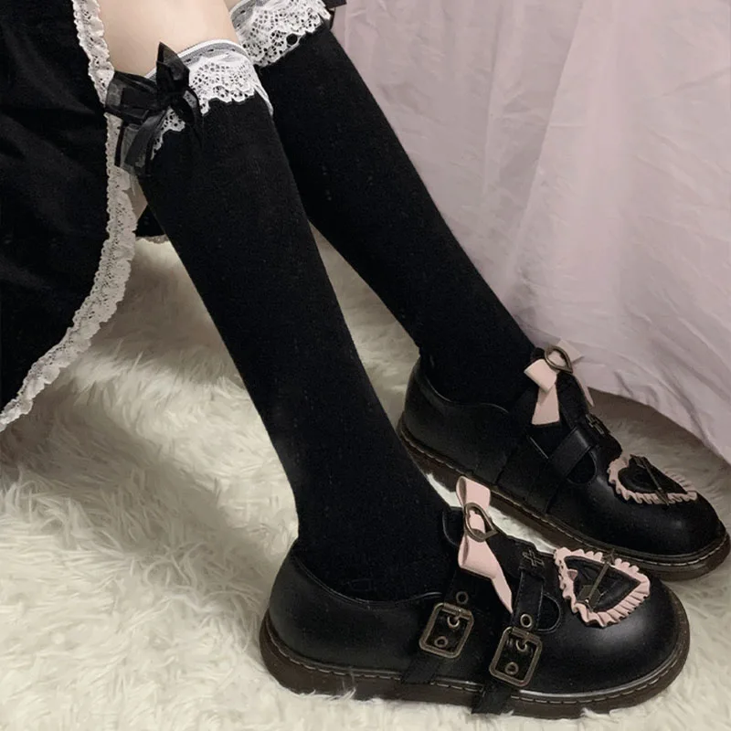 

Сексуальные кружевные длинные носки, черные, белые женские гольфы выше колена, чулки в стиле "Лолита", чулки для женщин и девушек, носки до ко...