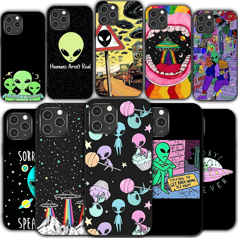 

Aesthetics Cartoon alien space phone case For iPhone 13 12 mini 11 pro xs max X XR 5 6 7 8 plus tpu black soft shell protective