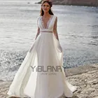 Простые Свадебные платья в шифоновой пляжной длинной v-образным вырезом с длинным рукавом платья на пуговицах размера плюс