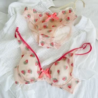 underwear cute and sweet strawberry embroidery girl bra panties set mesh sexy slightly transparent summer bralette