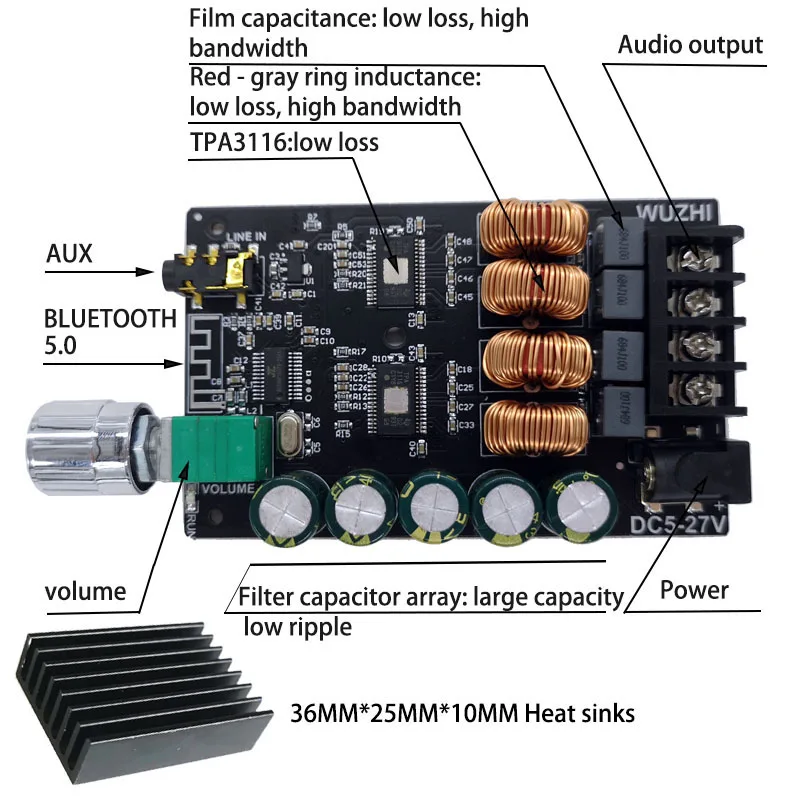 ZK-1002 HIFI TPA3116 Bluetooth 5 0 высокомощный цифровой усилитель стерео плата 100 Вт + o домашний