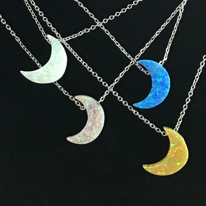 

925 Silver Moon Blue Pink Natural Fire Opal Gemstone Pendant Necklace Choker Lot