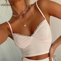 usohall summer new lace crop tops women sexy v neck slim camisole tank top
