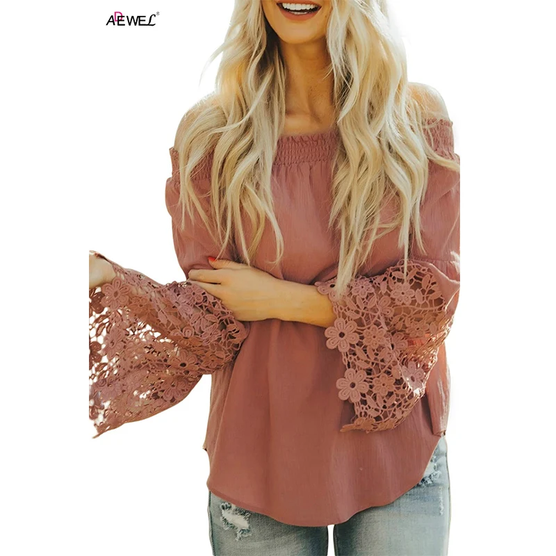 

ADEWEL Fashion Women Spring Autumn T-Shirts Sexy One Shoulder Long Sleeve Solid Color Lace Ruffles Sleeve Bandage Top Plus Size