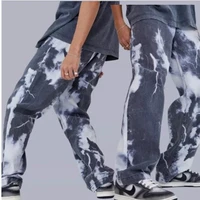 mens tie dyed lightning print denim straight fit pant washed comfort chino comfort rise relaxed loose hip hop straight leg jeans
