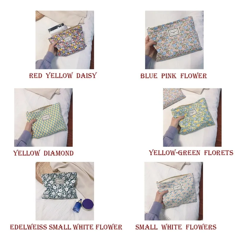 

New Fresh Flowers Cosmetic Bag Women's bag Makeup bag Travel Toiletry Bag Cotton Fabric Capacity Zipper Art Style Storage Bags