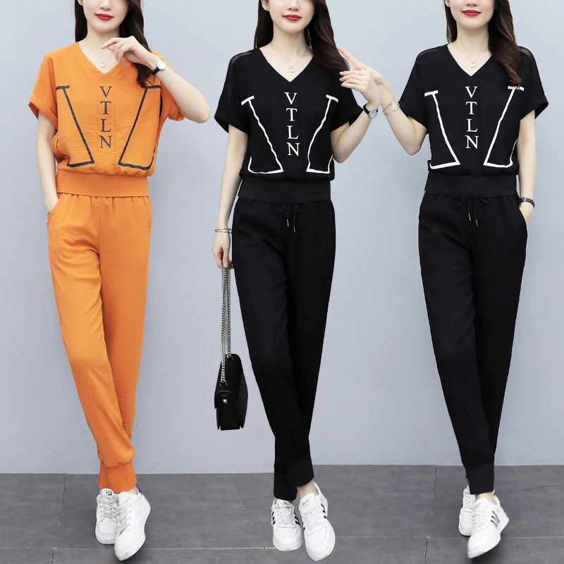 

Summer new plus size top&pants set casual fashion two-piece set ensemble femme survetement clothes for women