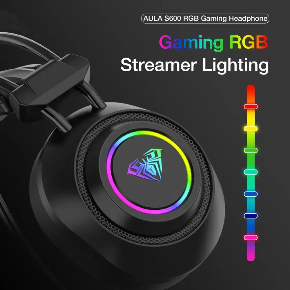aula s600 rgb gaming headset bass stereo pc gamer over ear headphone surround sound wired headset with mic for laptop desktop free global shipping