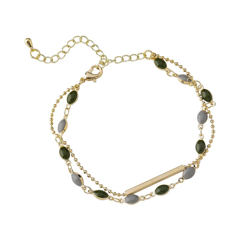 

LOVOACC French Retro Green Color Enamel Bracelet Gold Small Beads Chain Double Layers Charm Bracelets for Women Jewelry 2021