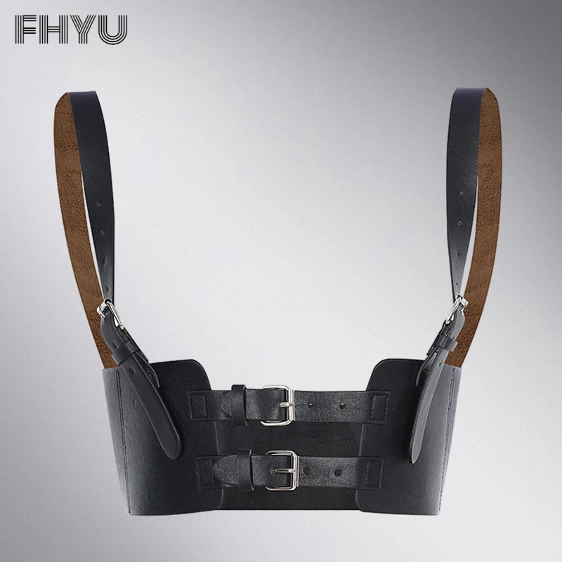 

FHYU New Style Black Sexy Women PU Leather Corset High Quality Fashion Slim Straps Metal Buckle Female Girdle Waist Clip Corsets