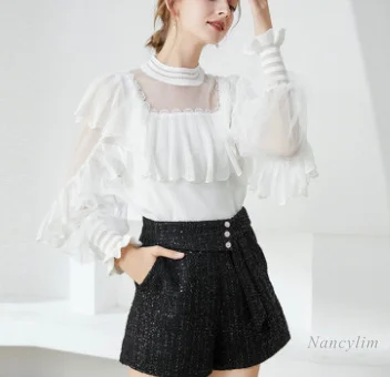 

Knit Shirt Women's Fashion Stand Collar Retro Mesh Stitching Lantern Sleeve Sweet Lotus Leaf Slim Knitwear Blouse Lady Top