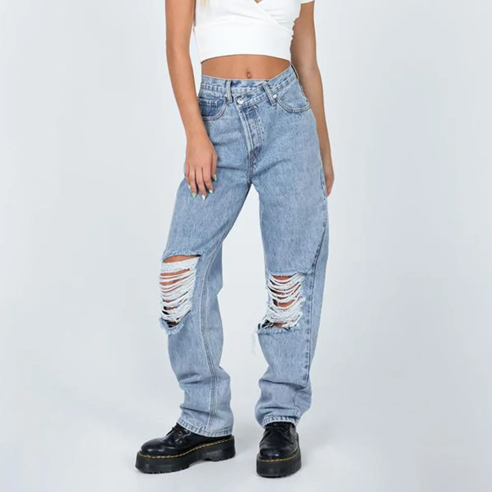 

Прямые брюки с высокой талией, новинка сезона осень-зима 2021, женские модные Асимметричные джинсы-трубки с дырками