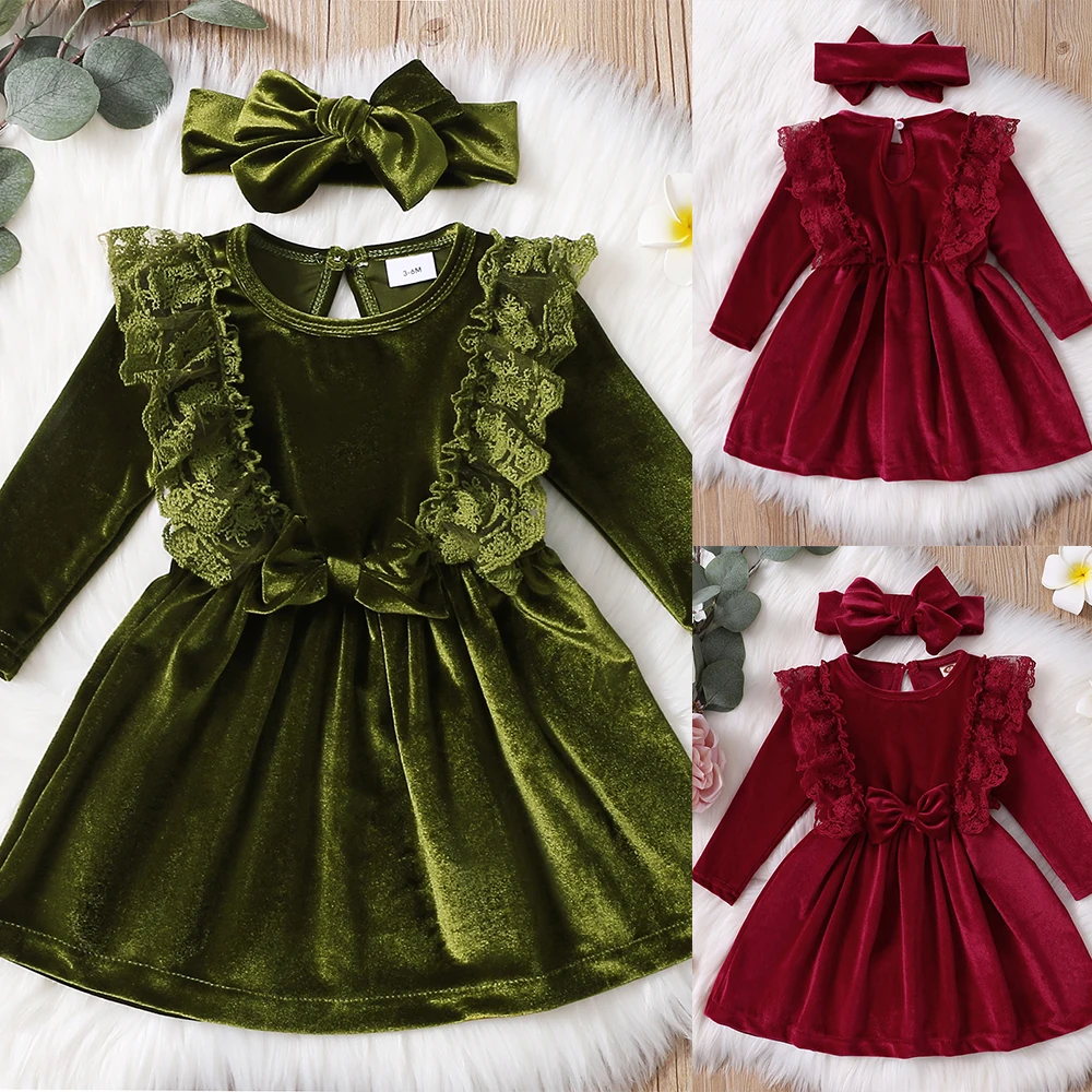 Детское однотонное платье с лентой для волос длинным рукавом | Детская одежда и