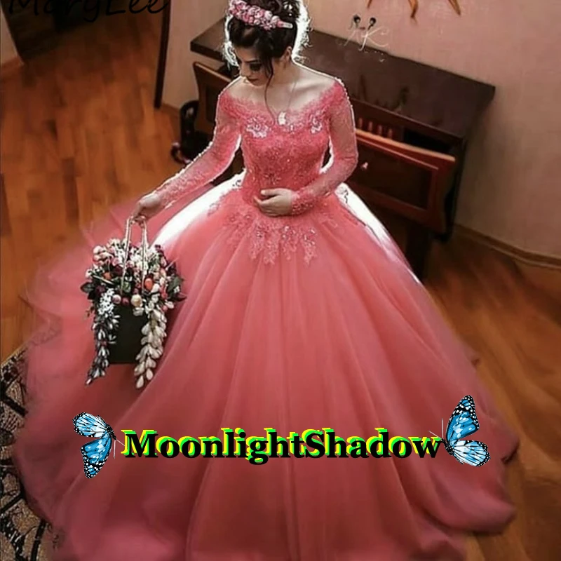 

Long Peach Tulle Wedding Dresses Ball Gown Appliques Sleeves Dubai Arabic Saudi Robe De Mariee Bridal Wedding Party