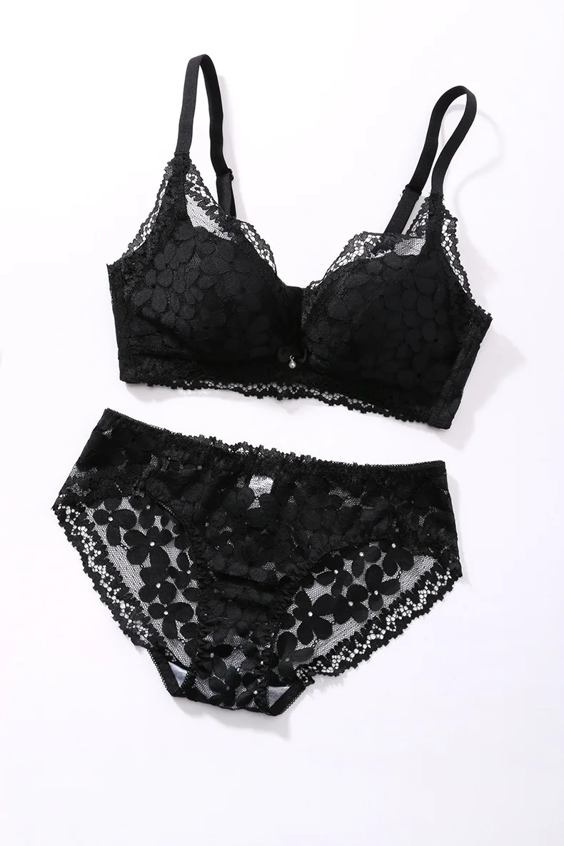 

Sexy Lace Gathered Small Chest Underwear Thickened Steamed Bread Cup Skin Cotton Women's Bra Set