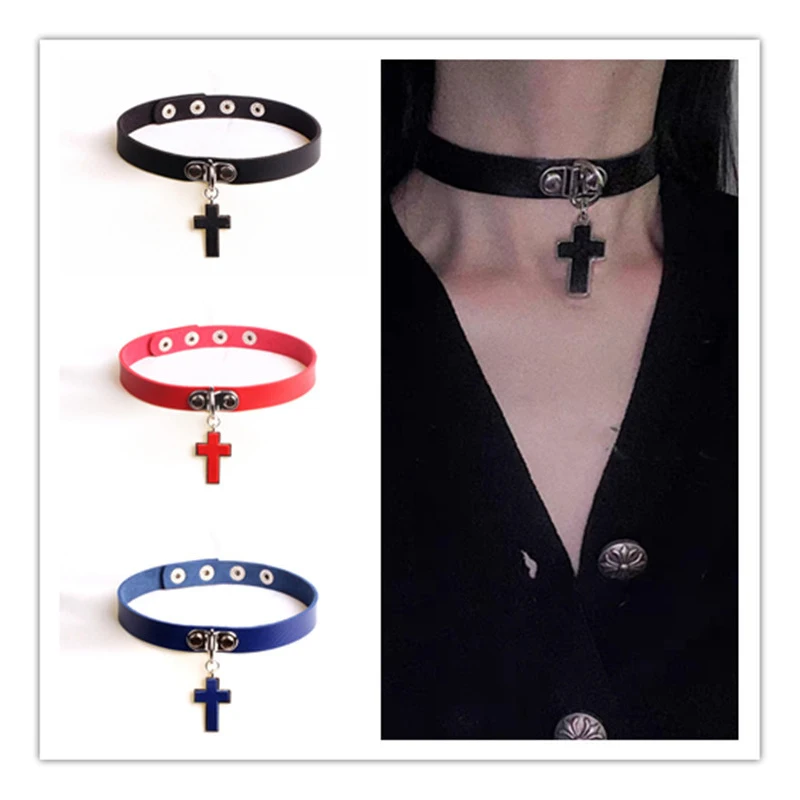 

Goth PU Leather Cross Clavicle Necklaces for Women Rivet Spike Punk Collar Chain Charm Neck Strap Girls Choker Body Jewelry Gift