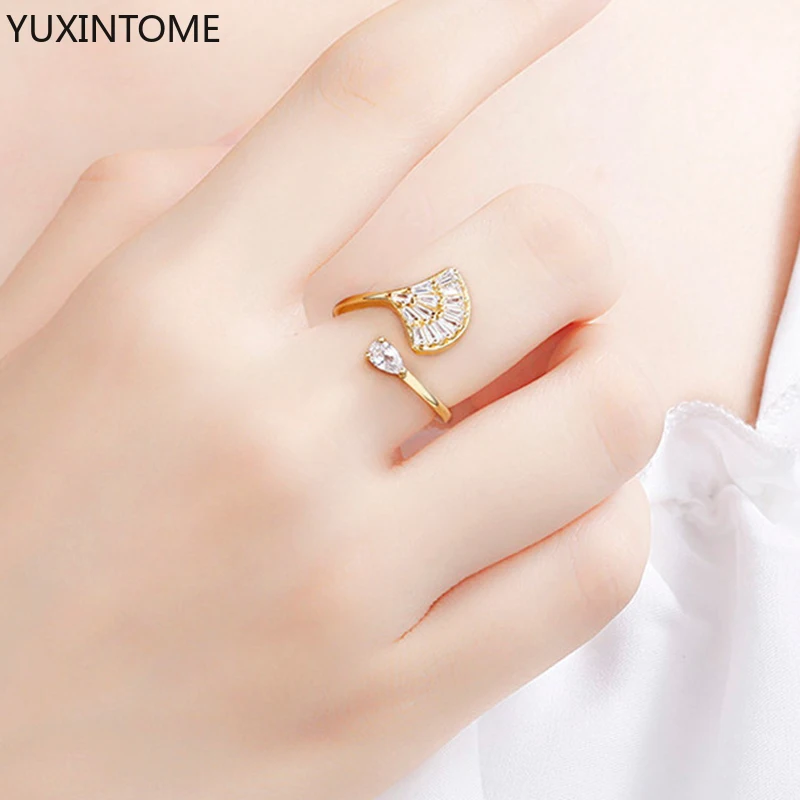

24K Gold Adjustable Opening Rings For Women Creative Double Finger Ring Crystal Wedding Engagement Rings Trendy Party Jewelry