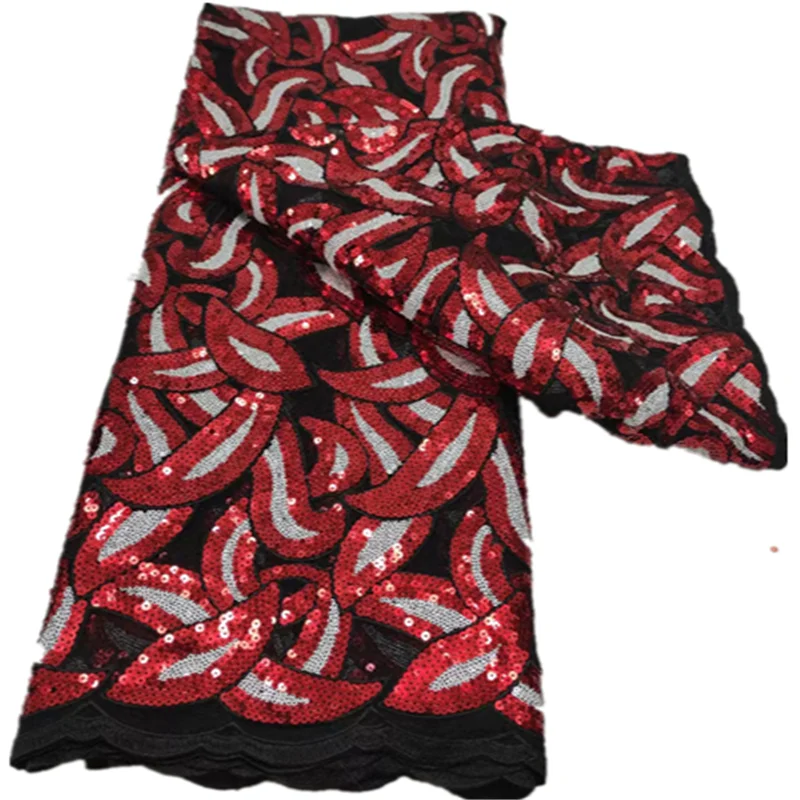 

High quality RED African tulle lace fabric with sequins excellent embroidered French net lace FHD721
