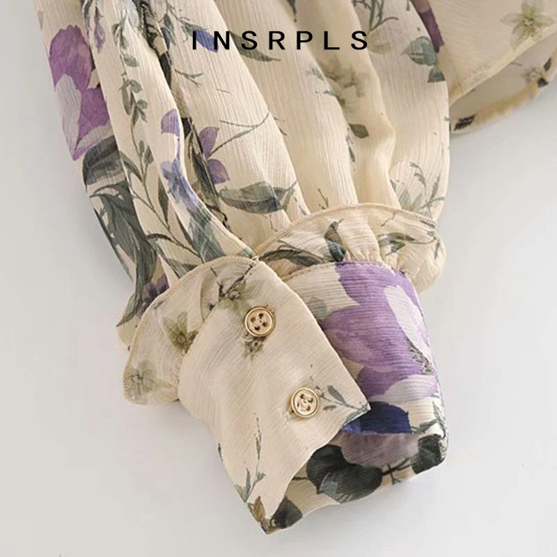 

INSRPLS Women Fashion Flroal Print Ruffled Chiffon Blouses Vintage Bow Tied Collar Long Sleeve Female Shirts Chic Tops