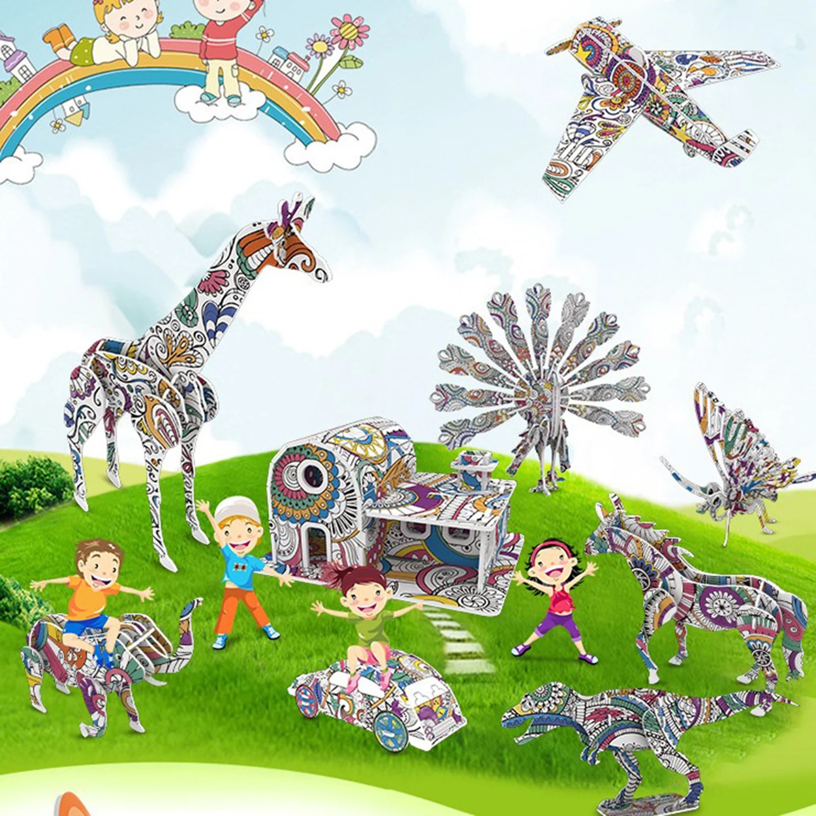 

10In1 3D Coloring Jigsaw Puzzle Set Tower Eagle Educational Puzzle Coloring Graffiti Painting Kit For Kids