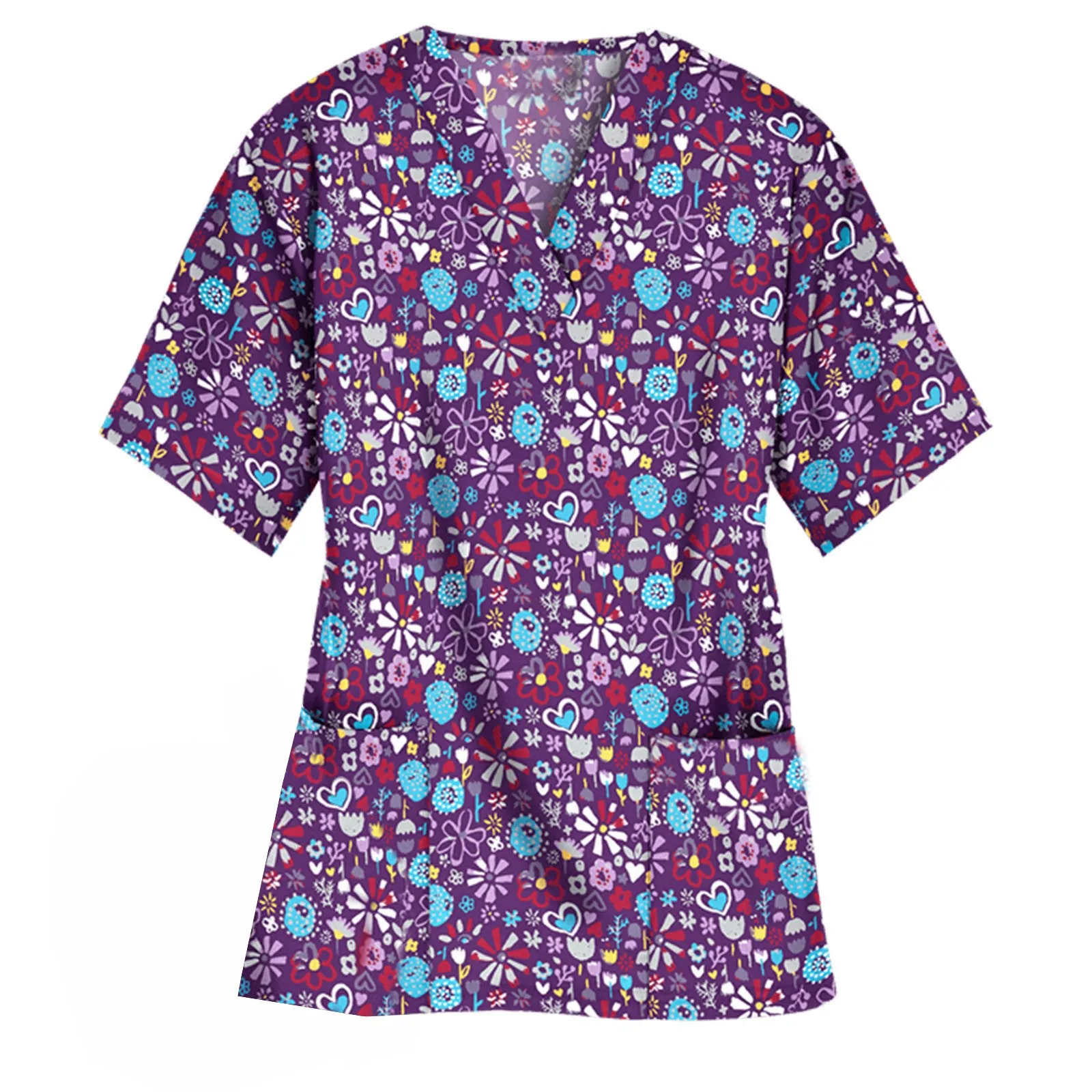 

Women Short Sleeve V-neck Tops Working Uniform Blouse Uniforme De Enfermera Simple Love Patter Fashion Uniform