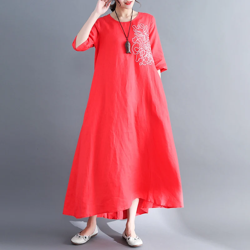 AYUSNUE Spring Summer Long Dress Women Korean Casual Cotton and Linen Red Vintagve Dresses 2020 Vestidos Mujer KJ1996 | Женская одежда