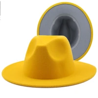 simple unisex outer yellow inner gray wool felt jazz fedora hats with thin belt buckle men women wide brim panama trilby cap