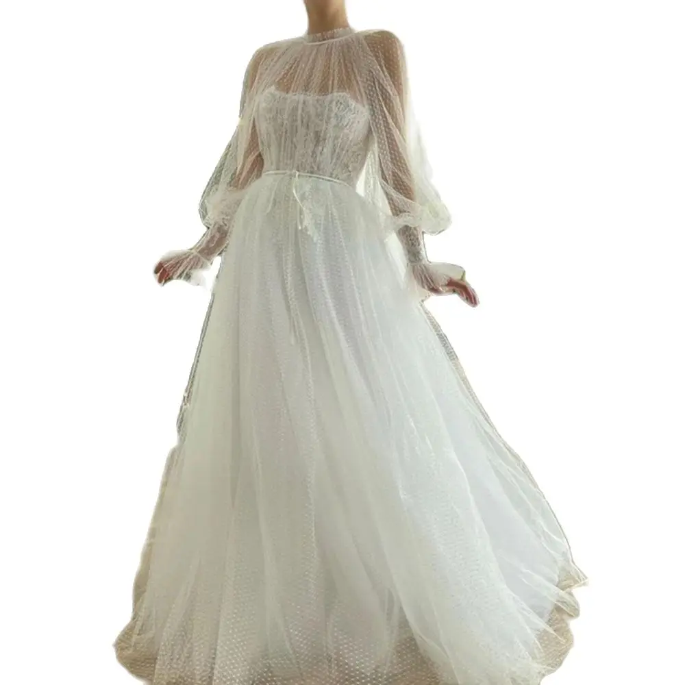 

Elegant Sweetheart White Swiss Dots Tulle A Line Clubbing Dress Sheer Long Sleeves High Neck Lace Fairy 2021 Prom Gowns