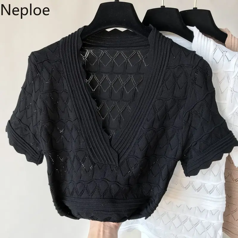 Neploe, вязанные женские футболки, лето, модные, v-образный вырез, короткий рукав, женские футболки, повседневные, одноцветные, открытые, женские топы 44203
