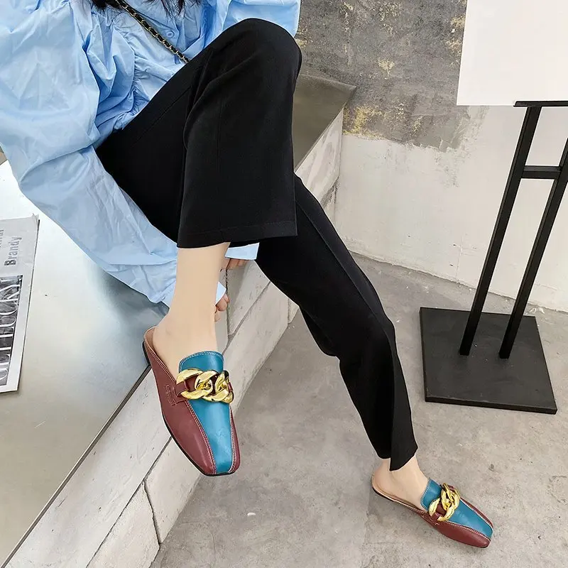 

New Baotou Women's Slippers Color-blocking Vamp Metal Decoration Casual All-match Retro Fashion Women's Slippers 2021