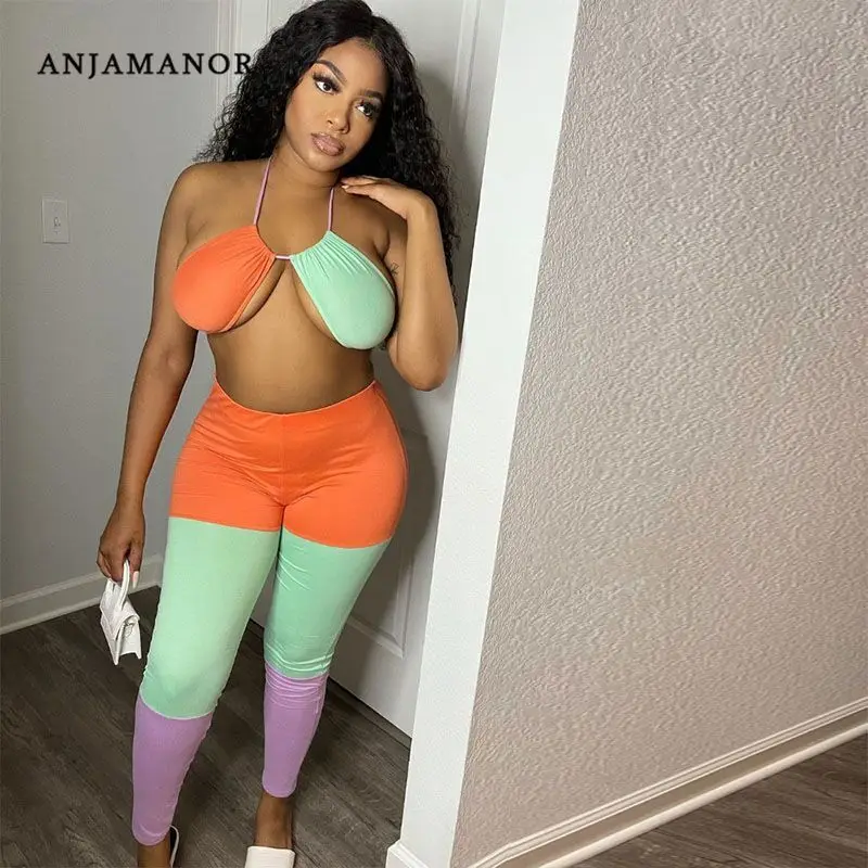 

ANJAMANOR Colorblock (цветовой блок), милые пикантные комплект из 2 предметов; Летние джинсовые штаны костюм Клубные наряды размера плюс, комплекты, по...