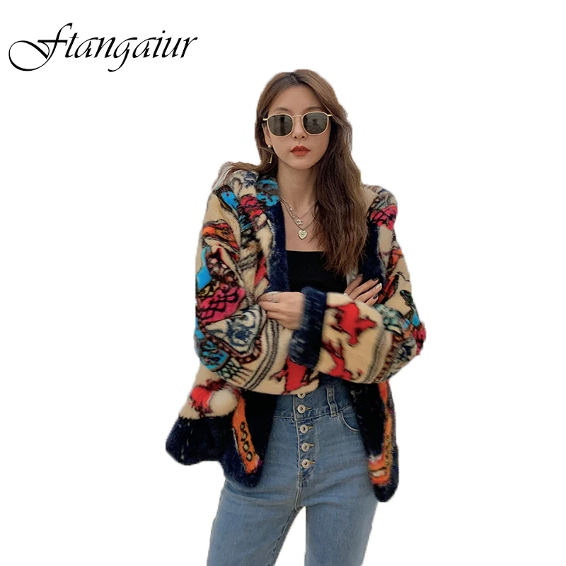 

Ftangaiur New Winter Imported Copenhagen Mink Coat Print Flower With Fur Hood Natural Women Colorful Medium Real Mink Fur Coats