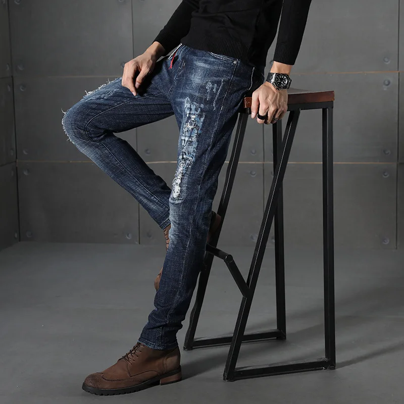 

2018 Age Season Men Jeans Embroidered Patterns Youth Casual Elastic Popular Logo Men Foot Height Of Pants