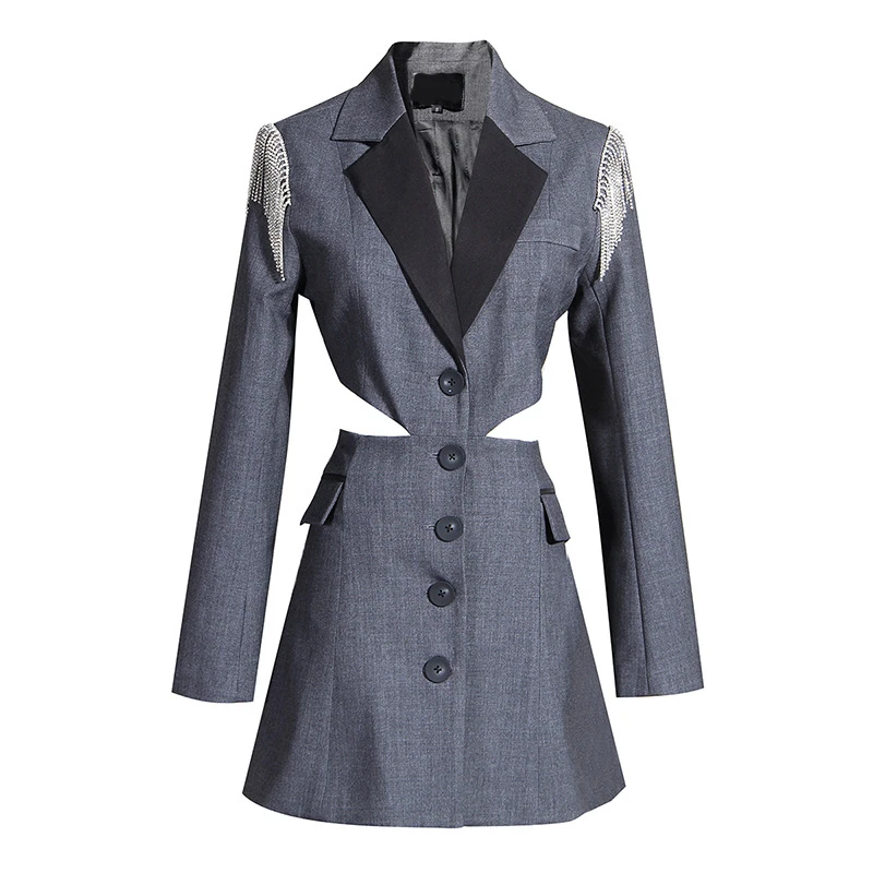 

Women Lapel Collar Long Sleeve Tunic Hollow Out Jacket Female 2021 Fashion Clothes Patchwork Tassel Hit Color Coats