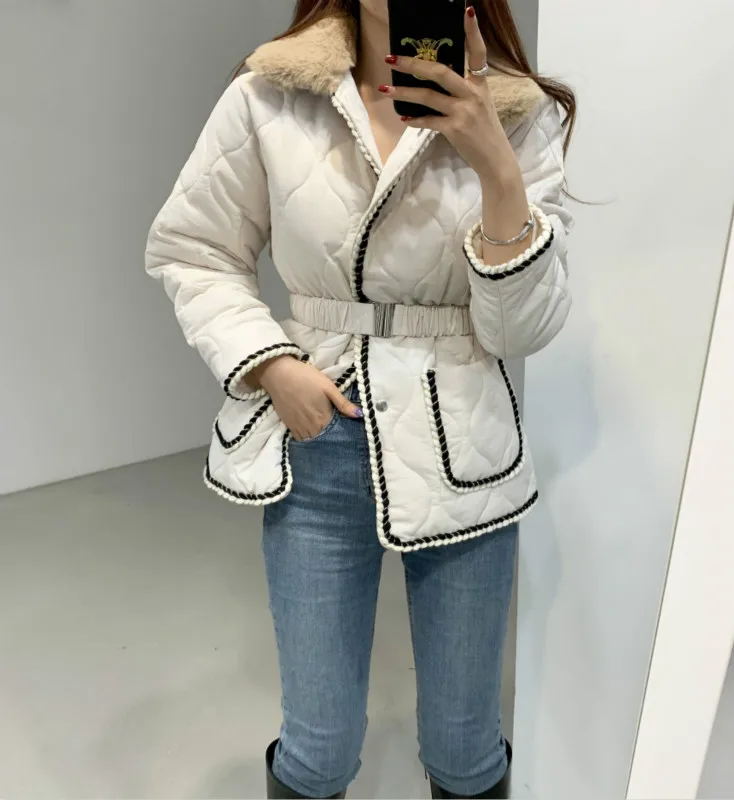 

Winter Clothes Women Wool Collar Stitching Loose Thickened Cotton-padded Coat Fashion Long Sleeve Belt Parka Jacket