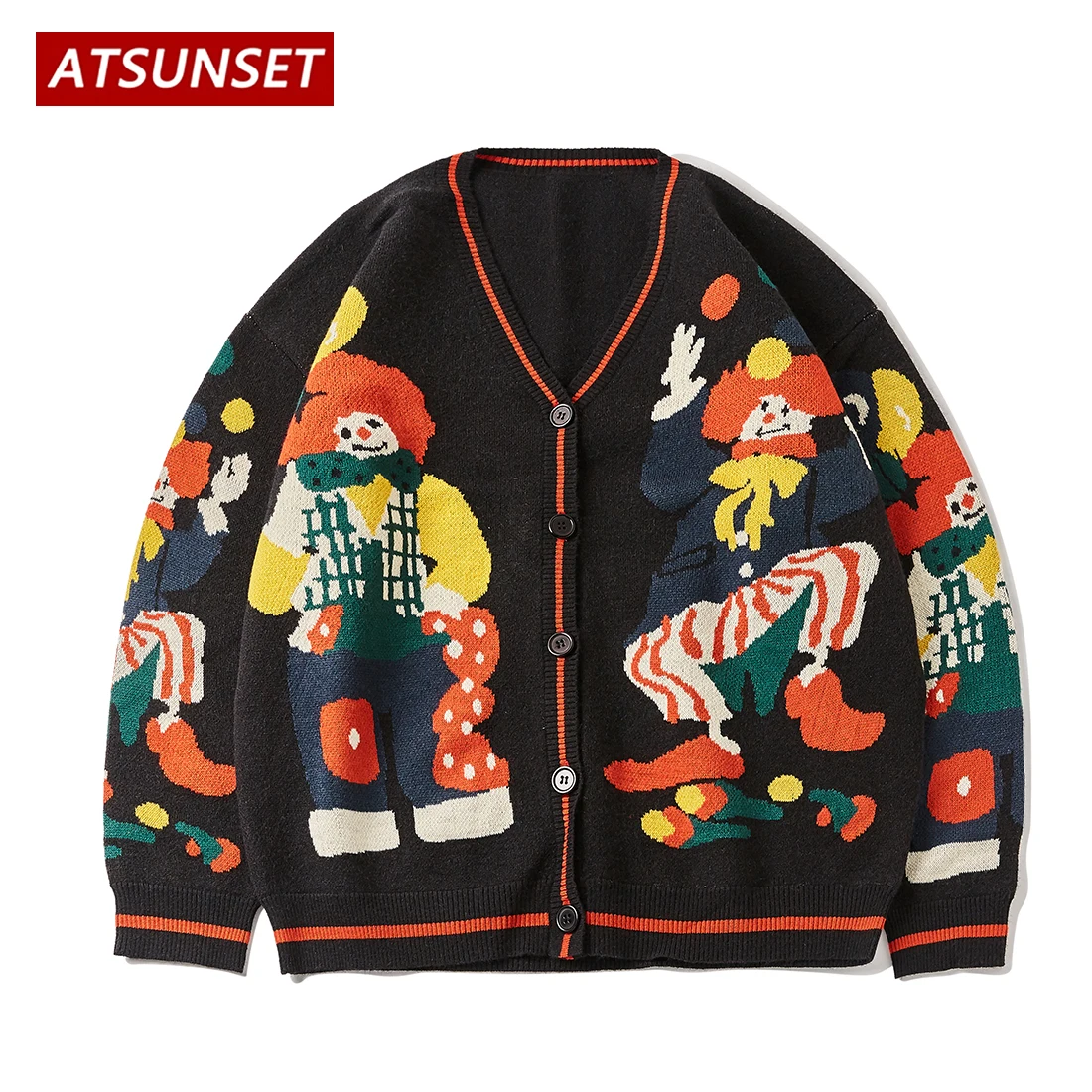 

ATSUNSET Cartoon Clown Magician Embroidery Sweater Harajuku Retro Style Knitted Sweater Autumn And Winter Cotton Button Cardigan