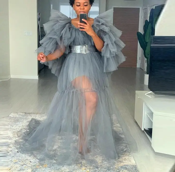 Женское платье для выпускного вечера длинное серое Тюлевое с многоярусным