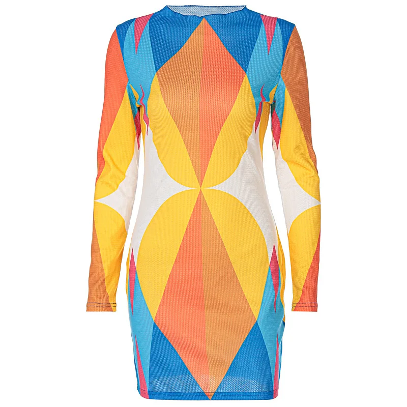 

2021 Fashion Print Round Neck Long Sleeve Slim Short Perspective