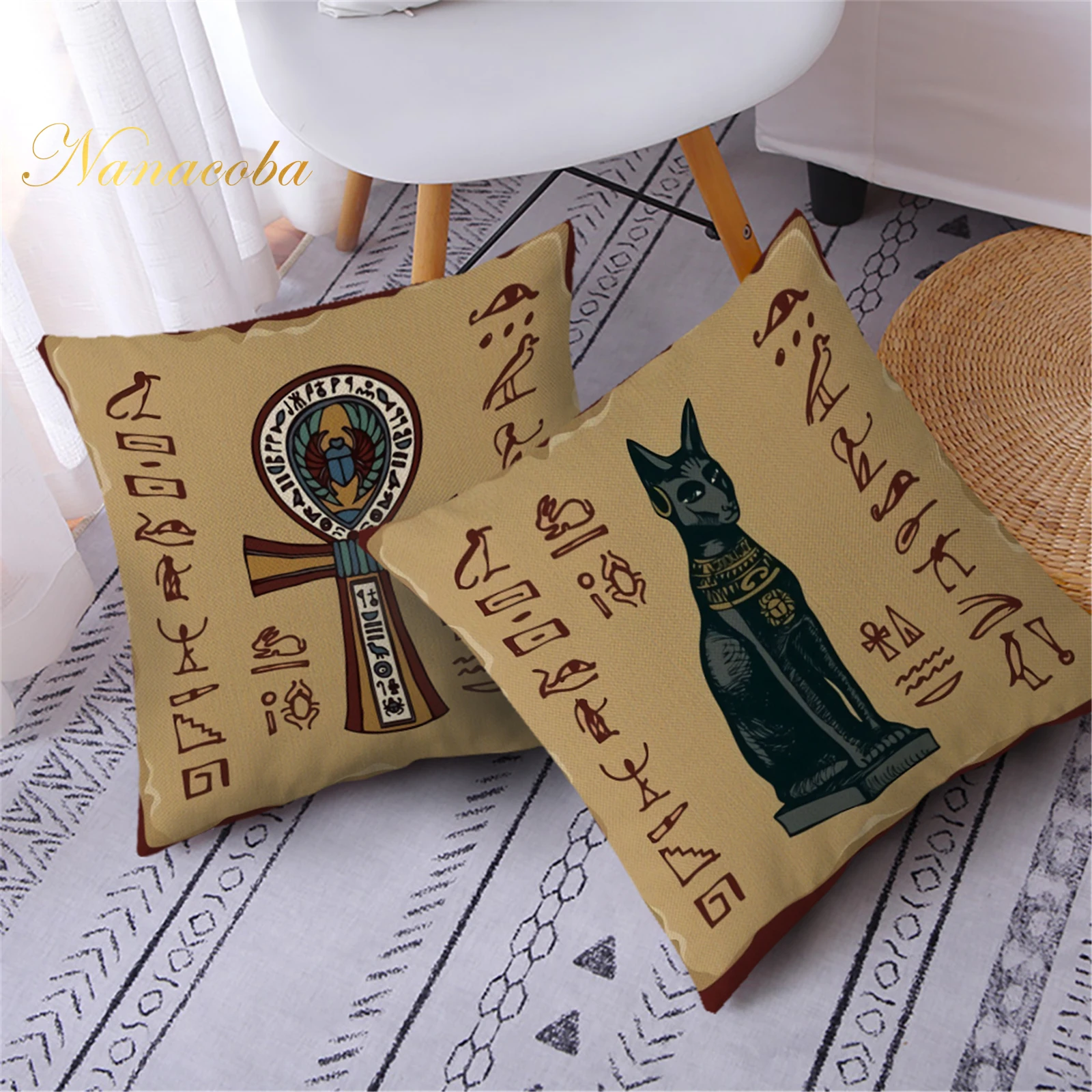 

Ancient Egyptian Hieroglyphs Letters Symbol Pattern Sofa Throw Pillow Cover African Art Egypt Pharaoh Queen Cushion Cover